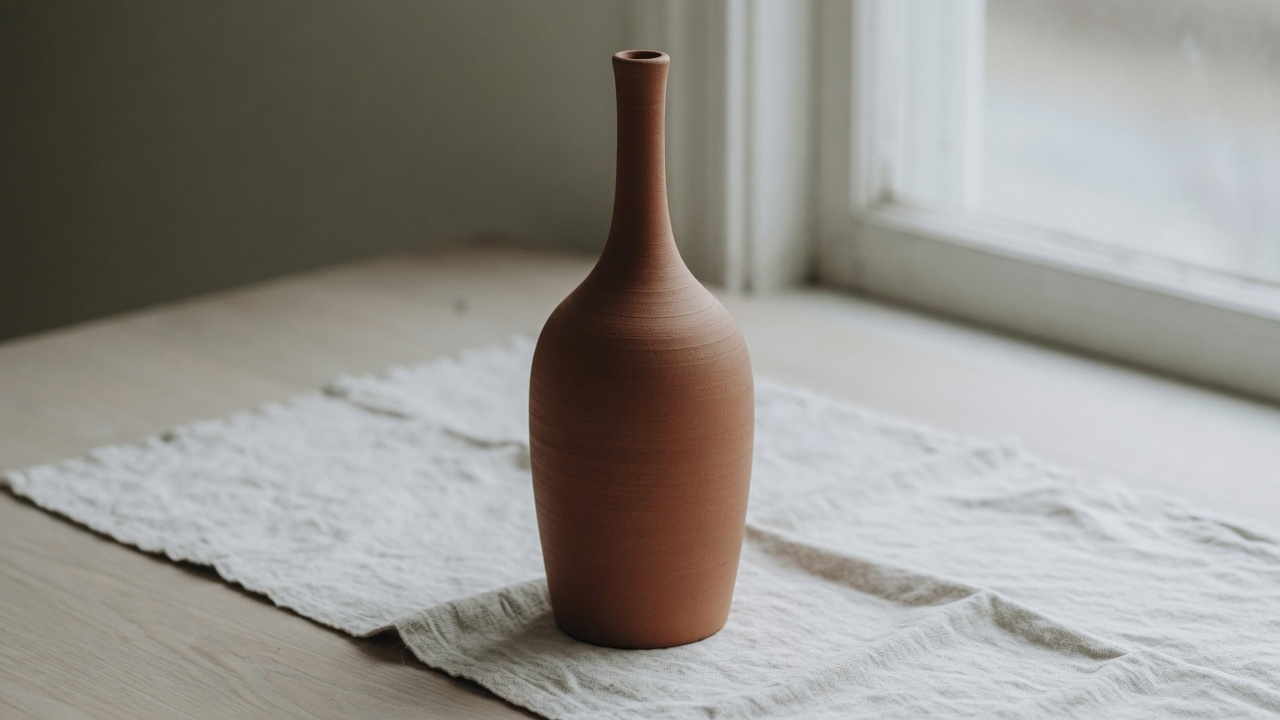 Tall unglazed terracotta bottle vase