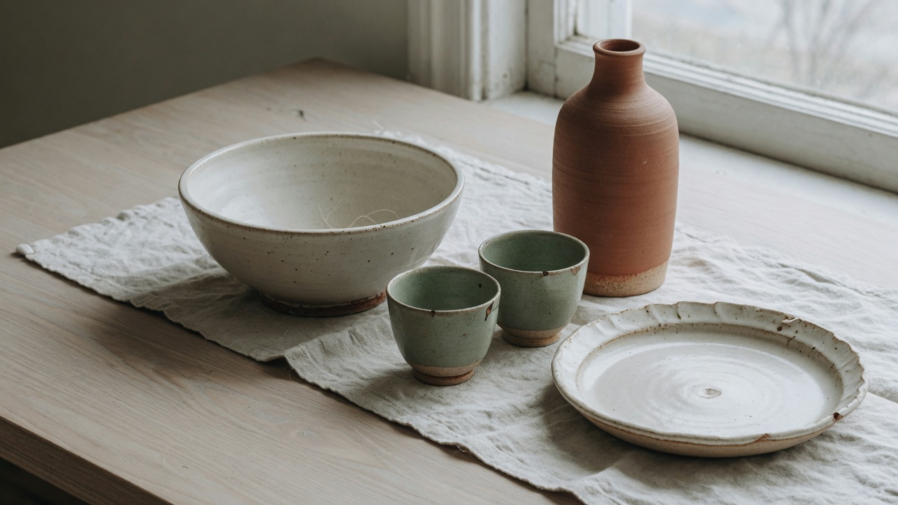 Handmade ceramic bowl, celadon cups, terracotta bottle, and plate on linen by a window