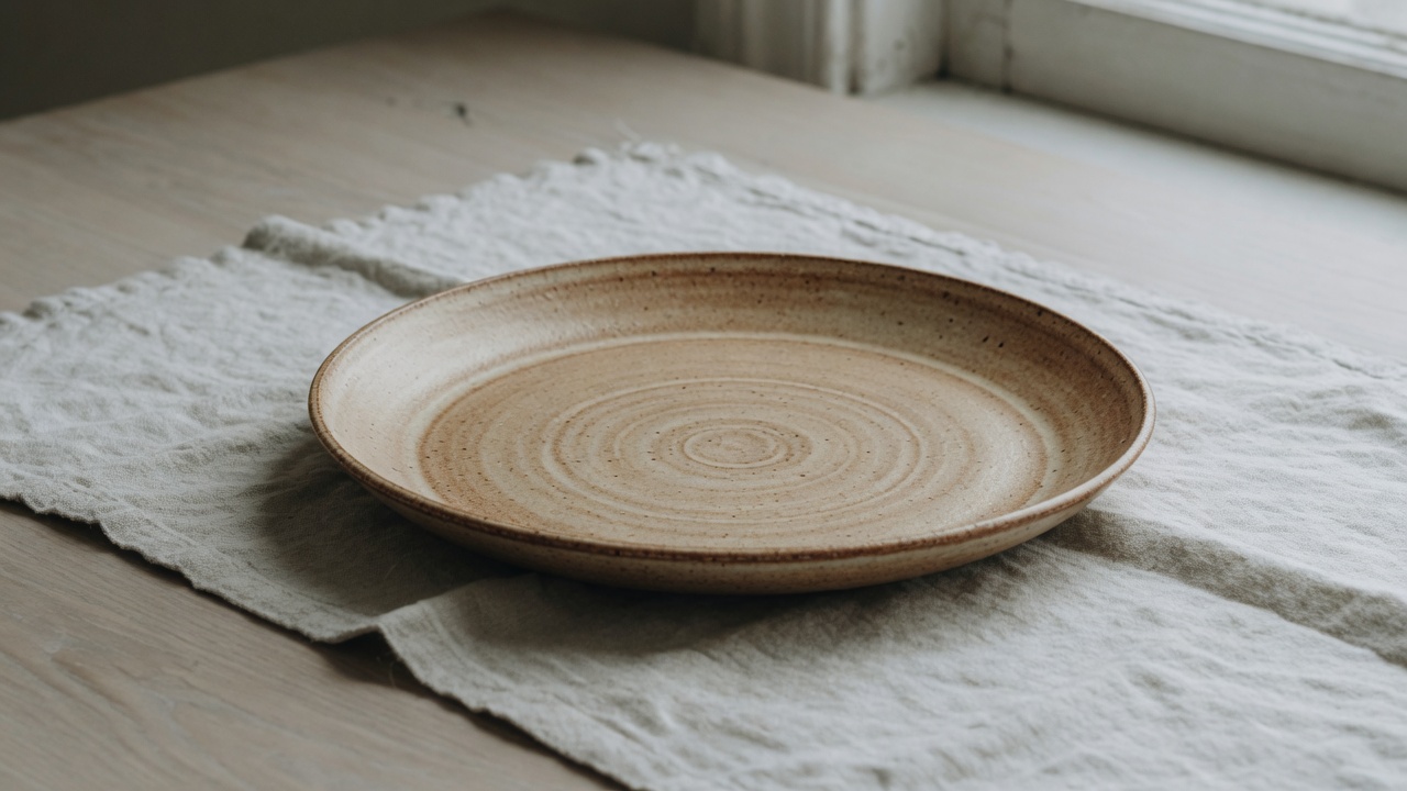 Shallow handmade plate with ash glaze spiral