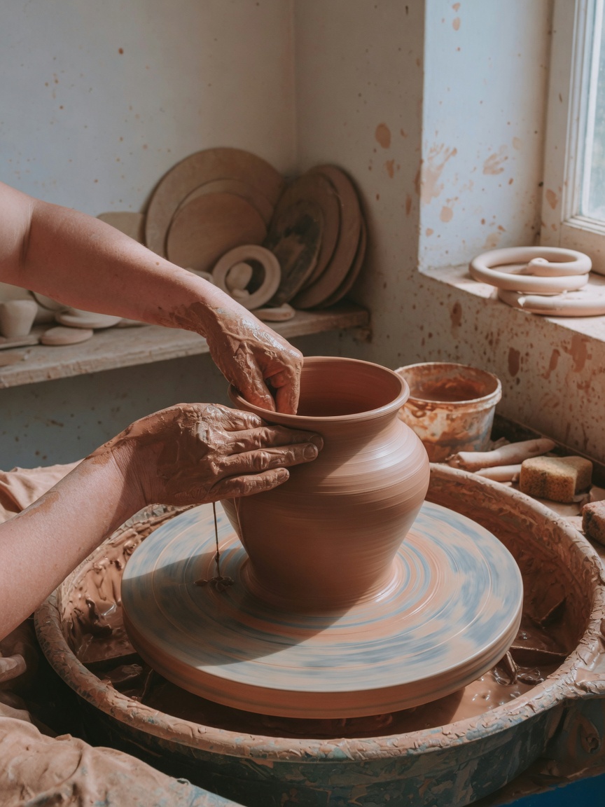 Potter’s hands throwing a terracotta vessel on the wheel