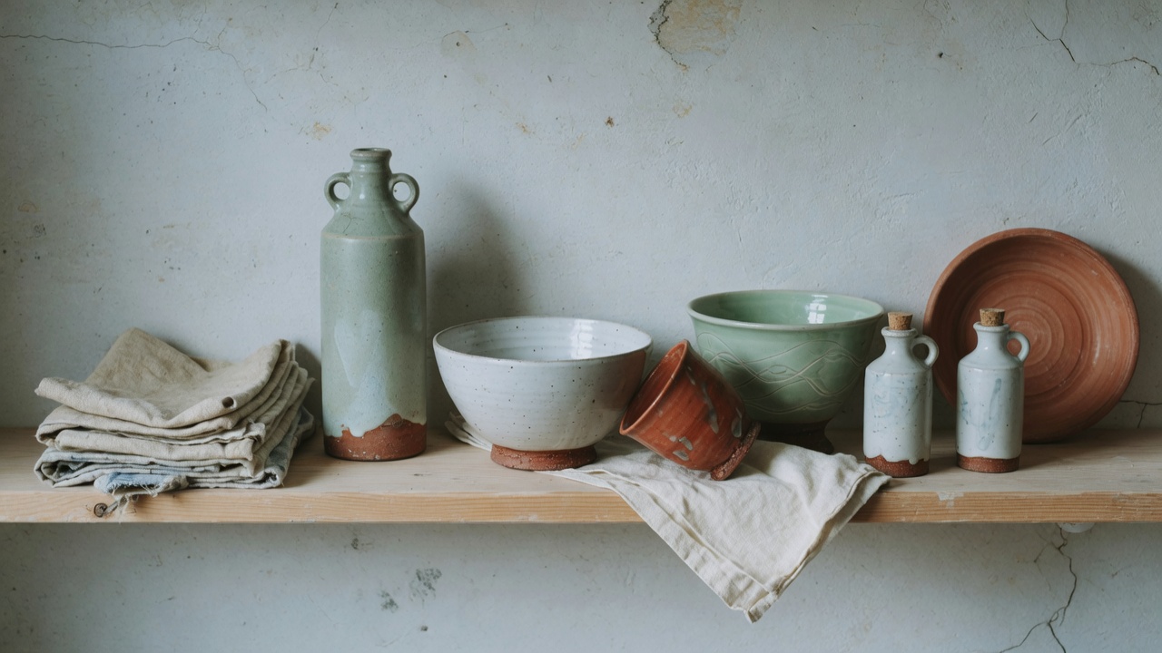 Studio shelf of finished cups, bowls, bottles, and linen